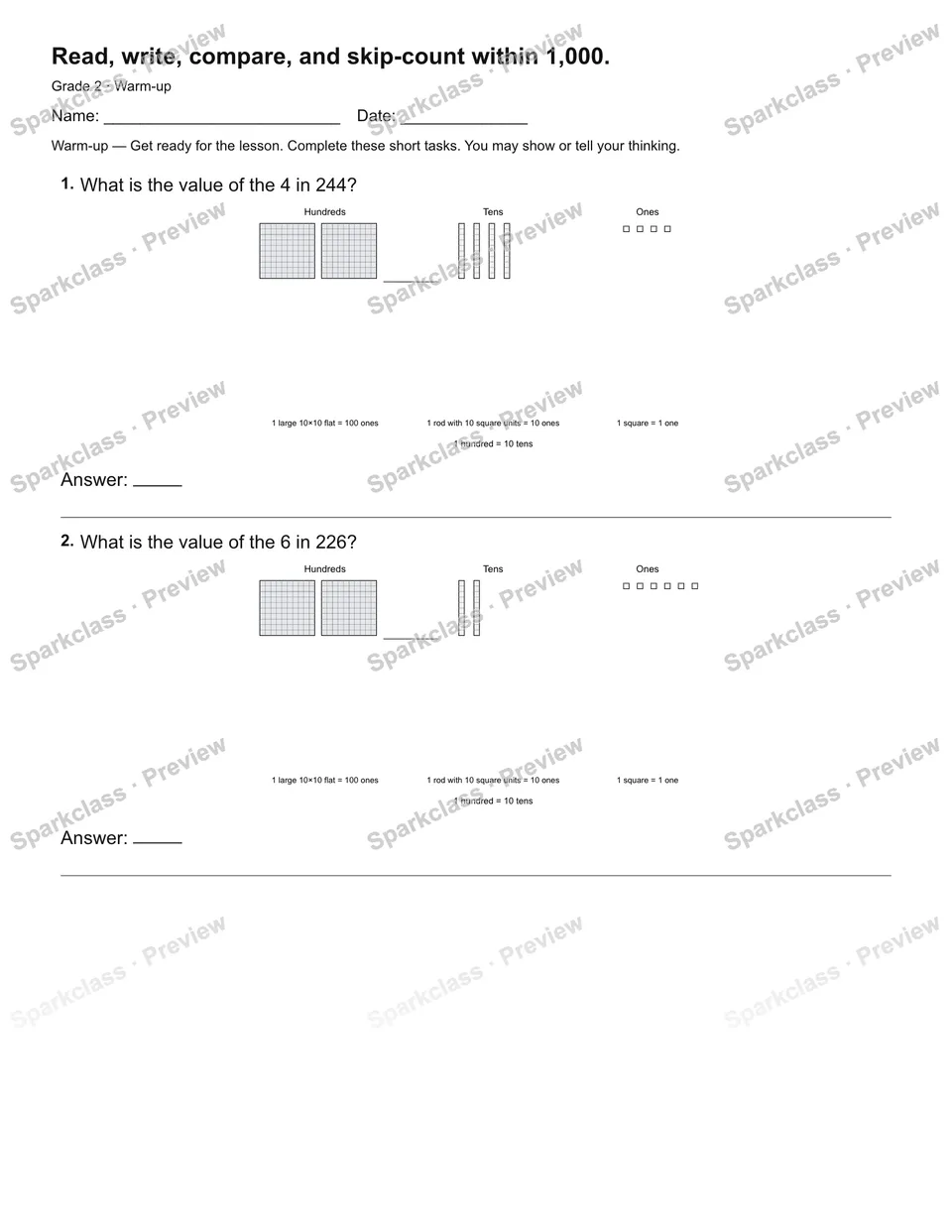 Read, write, compare, and skip-count within 1,000. — Warm-up — page 2