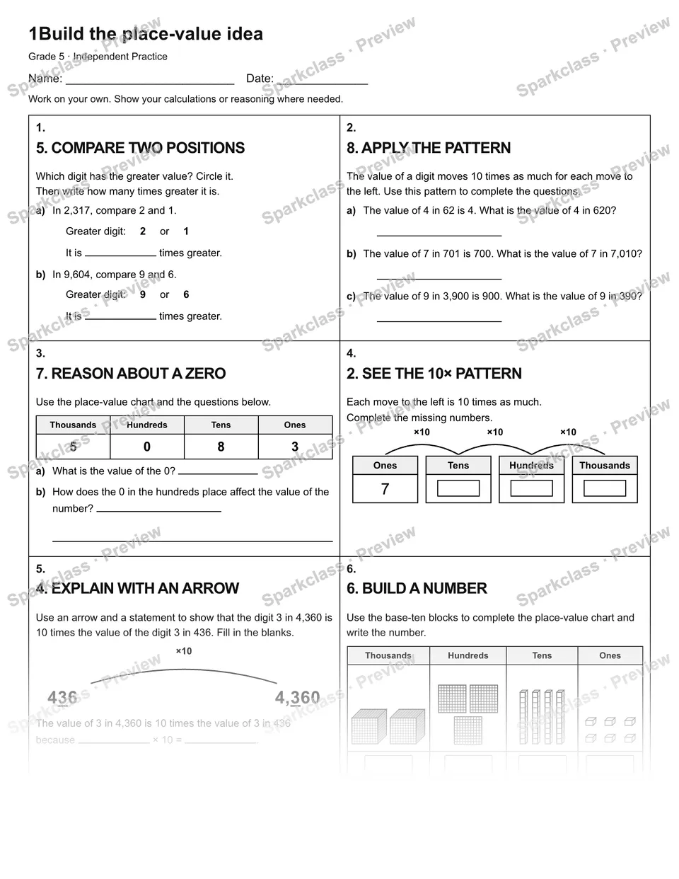 1Build the place-value idea — Independent Practice — Grade 5 worksheet preview