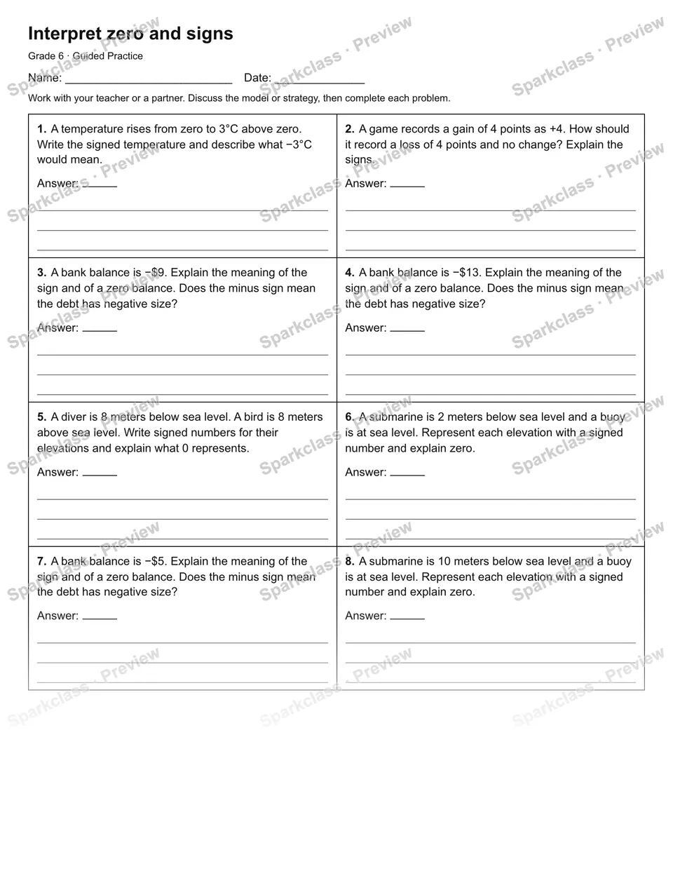 Interpret zero and signs — Guided Practice — Grade 6 worksheet preview