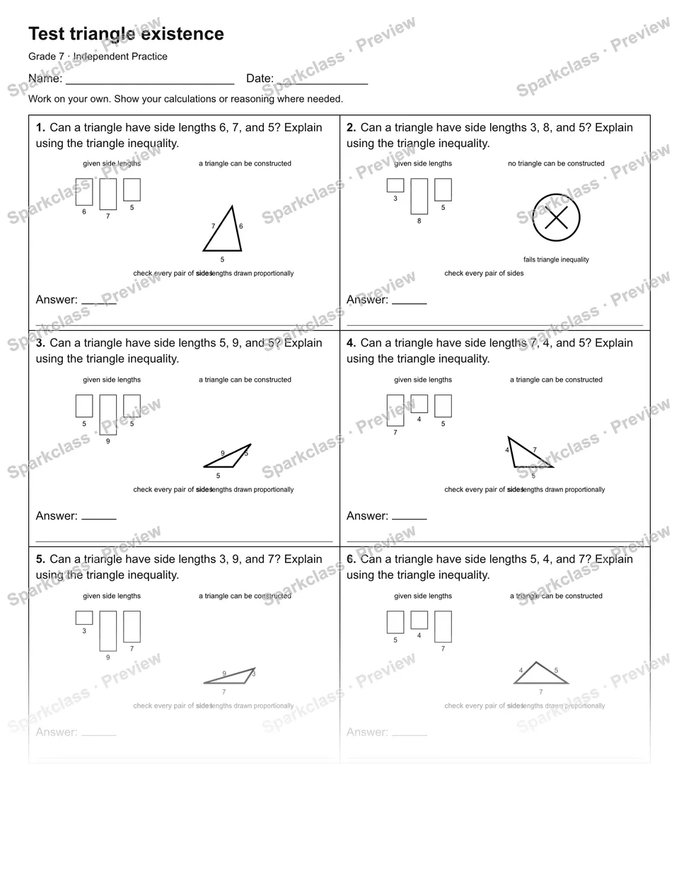Test triangle existence — Independent Practice — Grade 7 worksheet preview