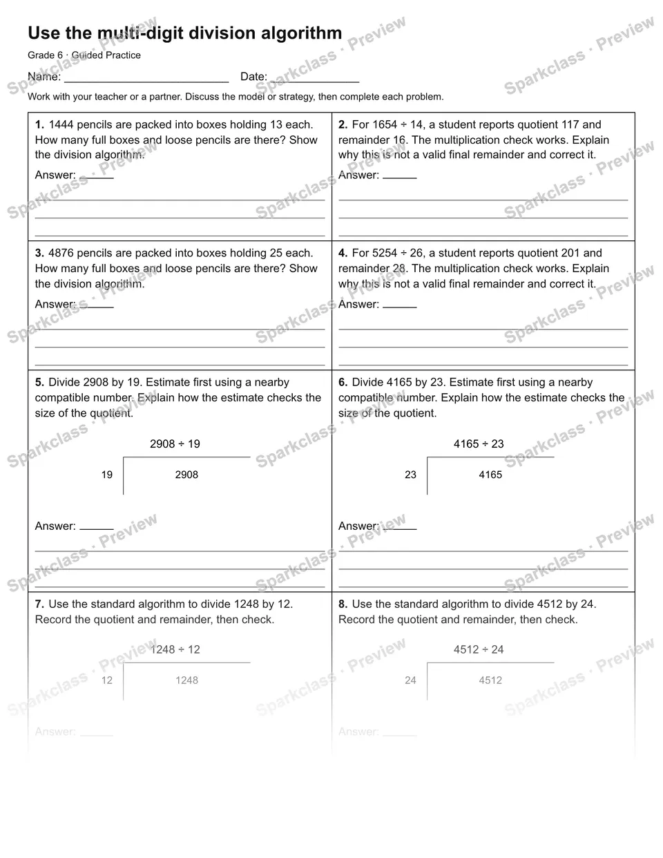 Use the multi-digit division algorithm — Guided Practice — Grade 6 worksheet preview