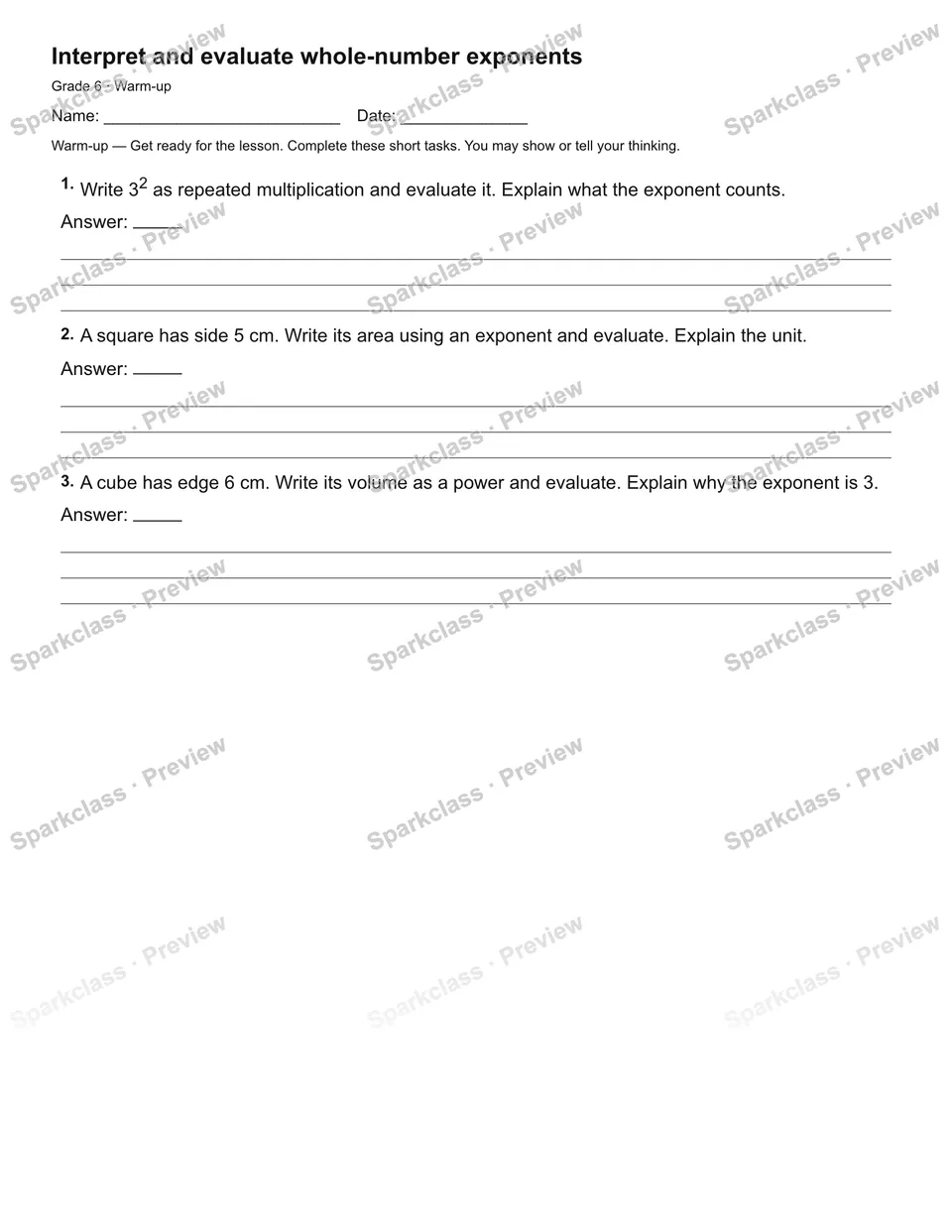 Interpret and evaluate whole-number exponents — Warm-up — page 2