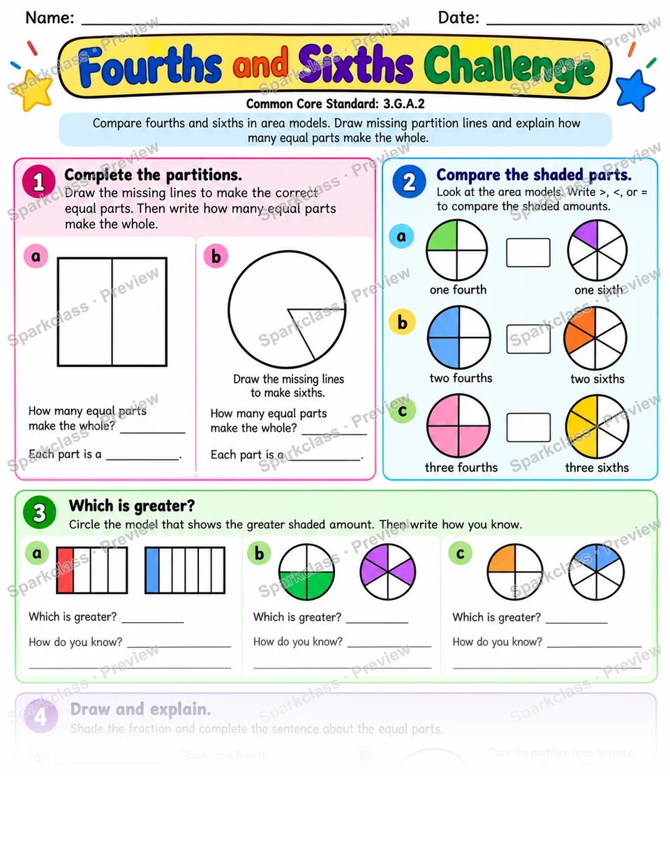 Fourths And Sixths Challenge — Grade 3 worksheet preview