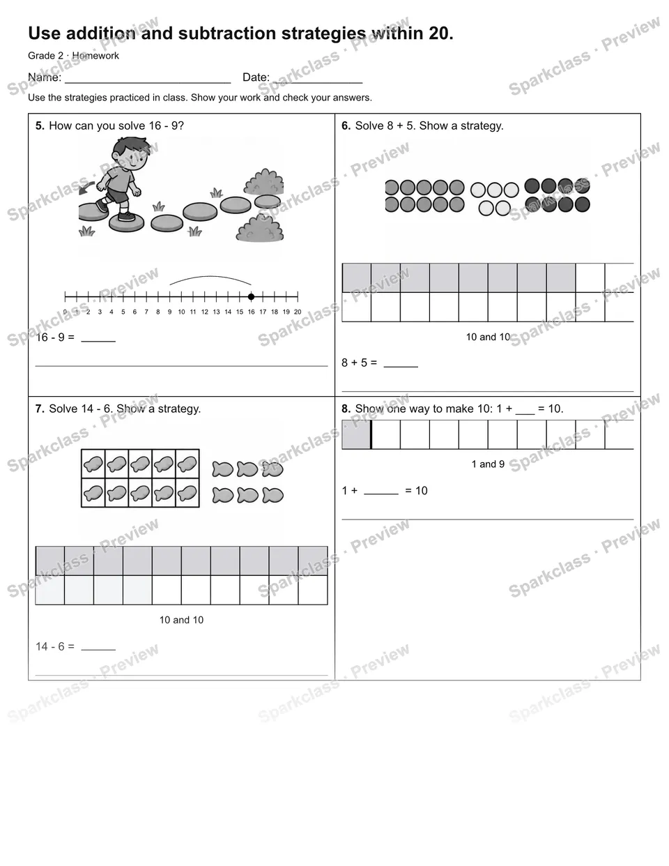 Use addition and subtraction strategies within 20. — Homework — page 2