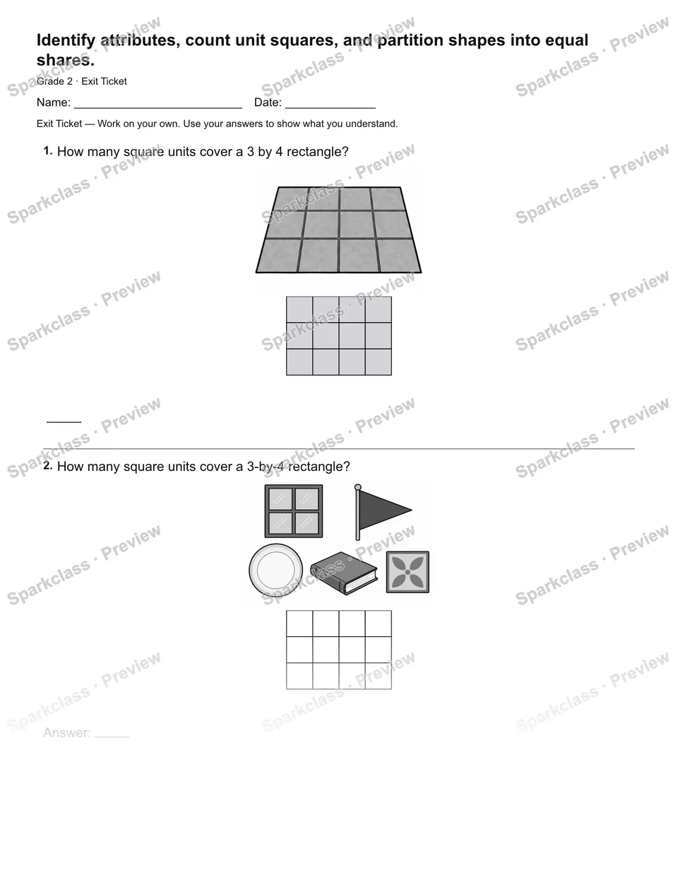 Identify attributes, count unit squares, and partition shapes into equal shares. — Exit Ticket — page 2