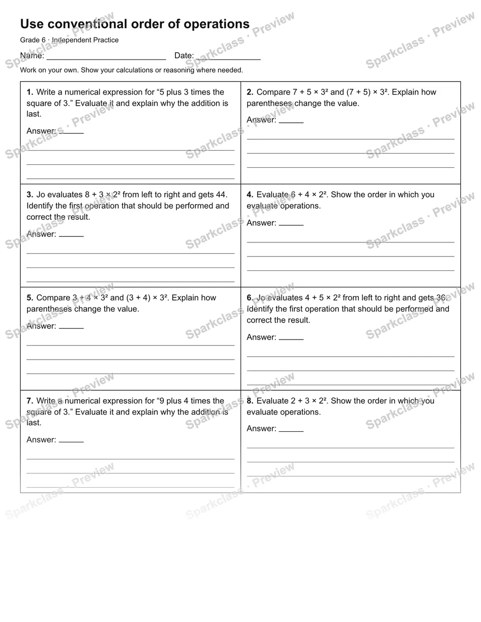 Use conventional order of operations — Independent Practice — Grade 6 worksheet preview