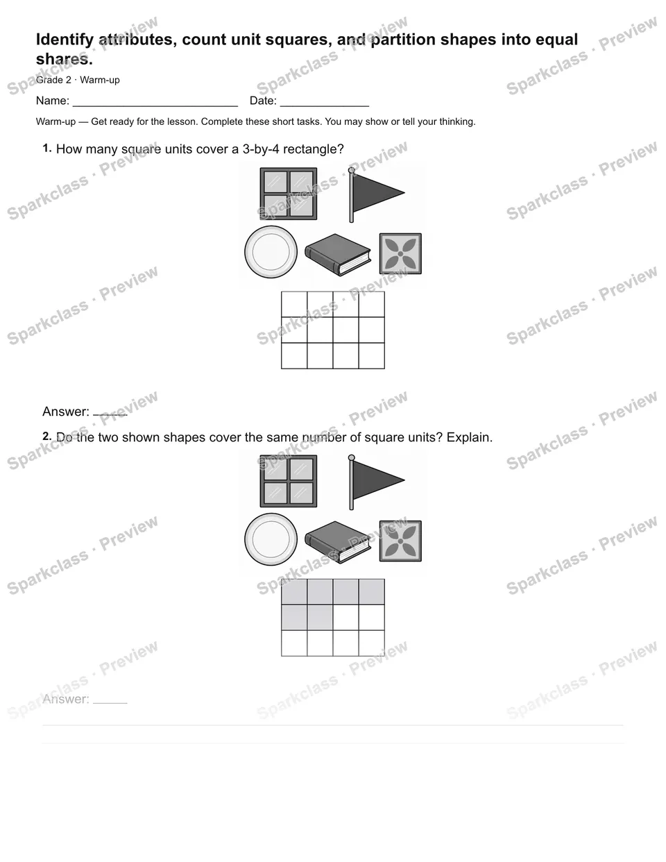 Identify attributes, count unit squares, and partition shapes into equal shares. — Warm-up — Grade 2 worksheet preview
