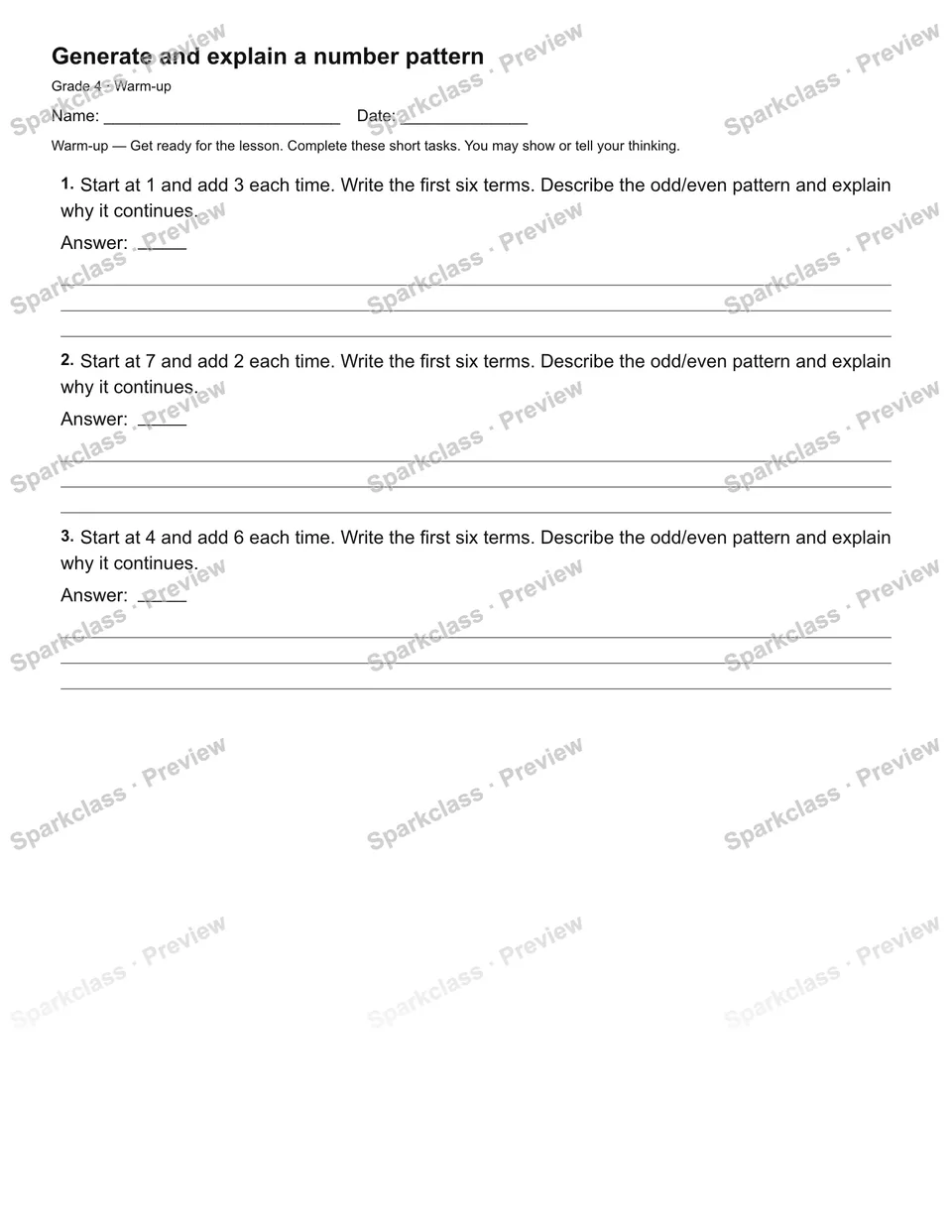 Generate and explain a number pattern — Warm-up — Grade 4 worksheet preview