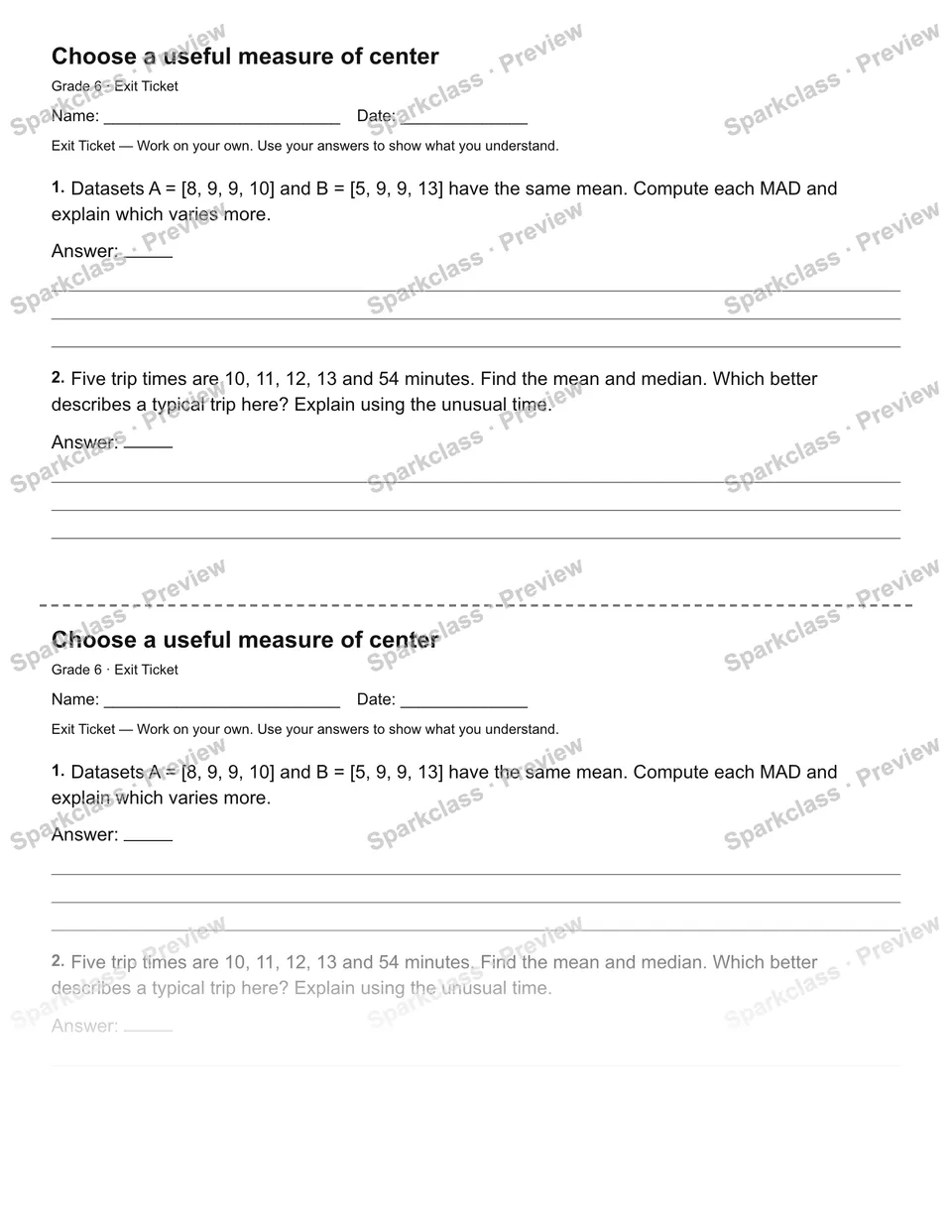 Choose a useful measure of center — Exit Ticket — Grade 6 worksheet preview