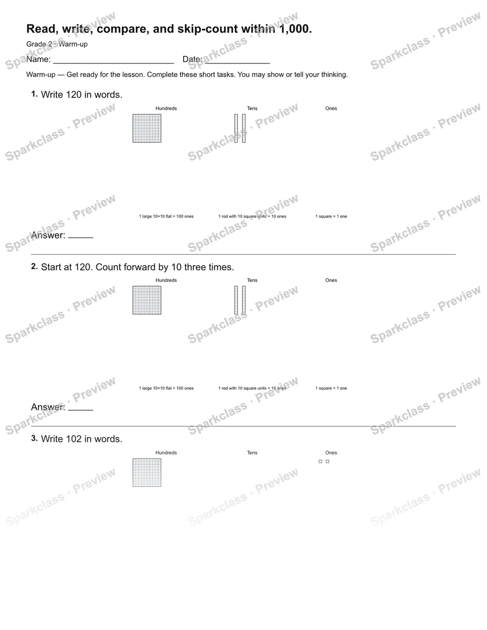 Read, write, compare, and skip-count within 1,000. — Warm-up — Grade 2 worksheet preview