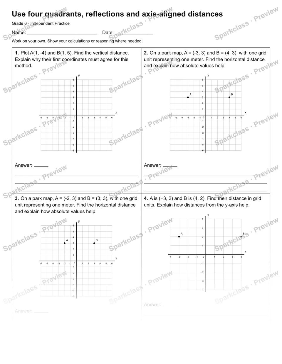 Use four quadrants, reflections and axis-aligned distances — Independent Practice — Grade 6 worksheet preview