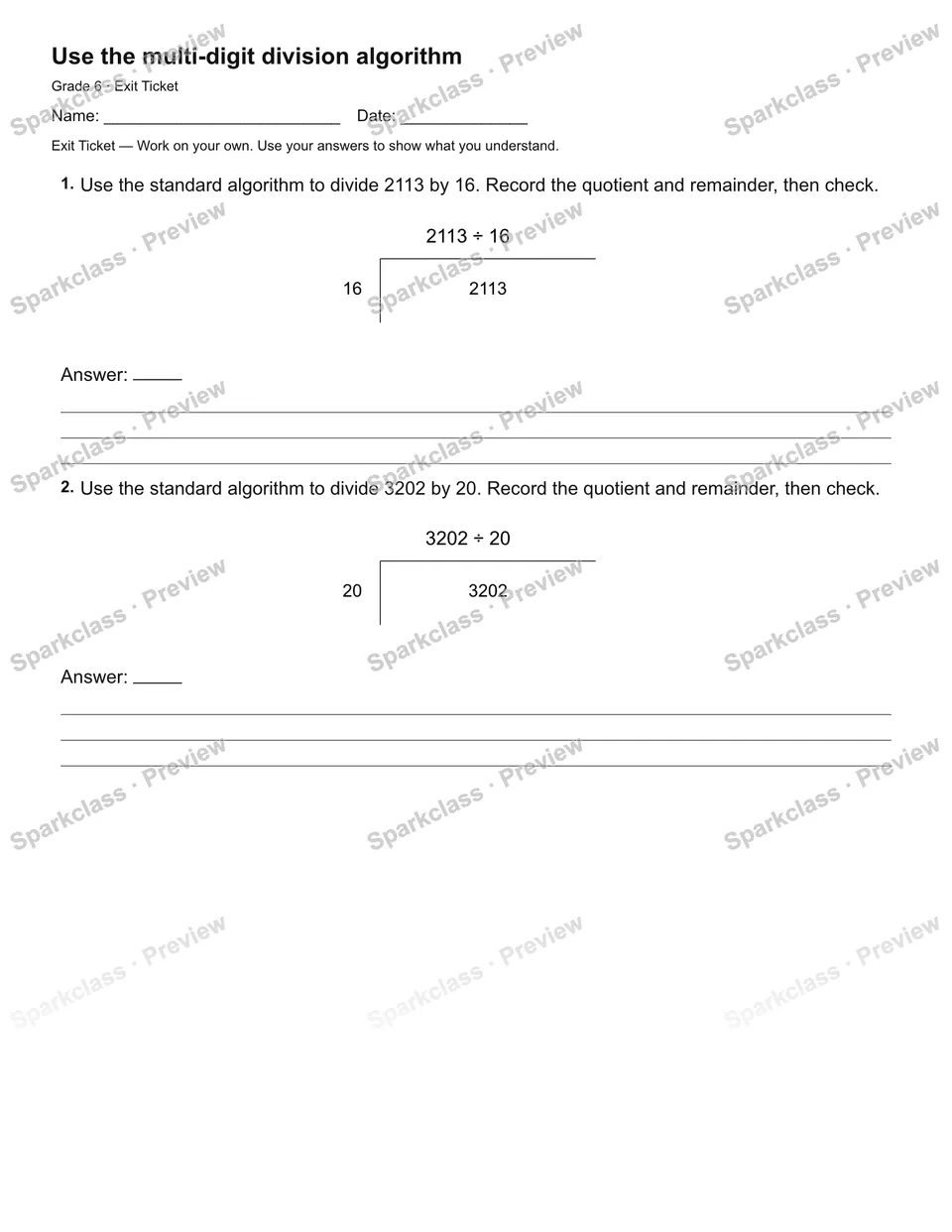 Use the multi-digit division algorithm — Exit Ticket — Grade 6 worksheet preview