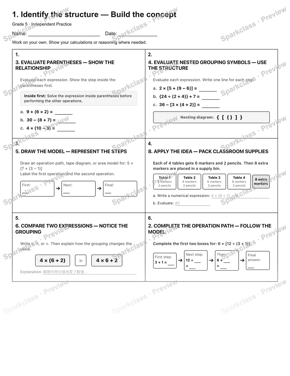 1. Identify the structure — Build the concept — Independent Practice — Grade 5 worksheet preview