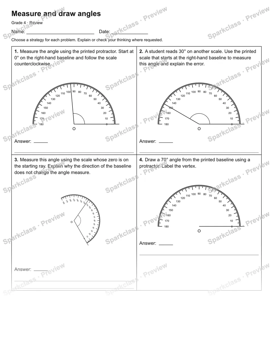 Measure and draw angles — Review — Grade 4 worksheet preview