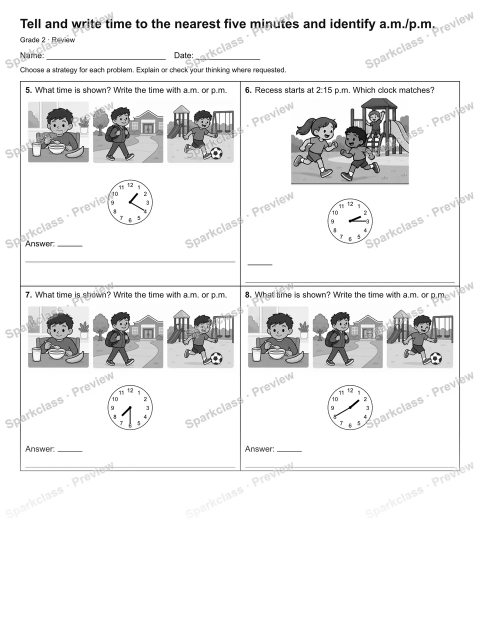 Tell and write time to the nearest five minutes and identify a.m./p.m. — Review — page 2