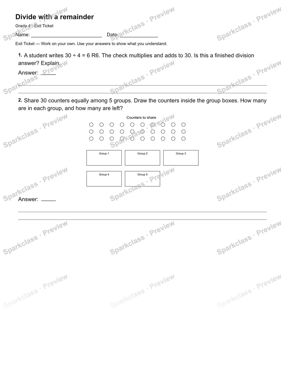 Divide with a remainder — Exit Ticket — page 2