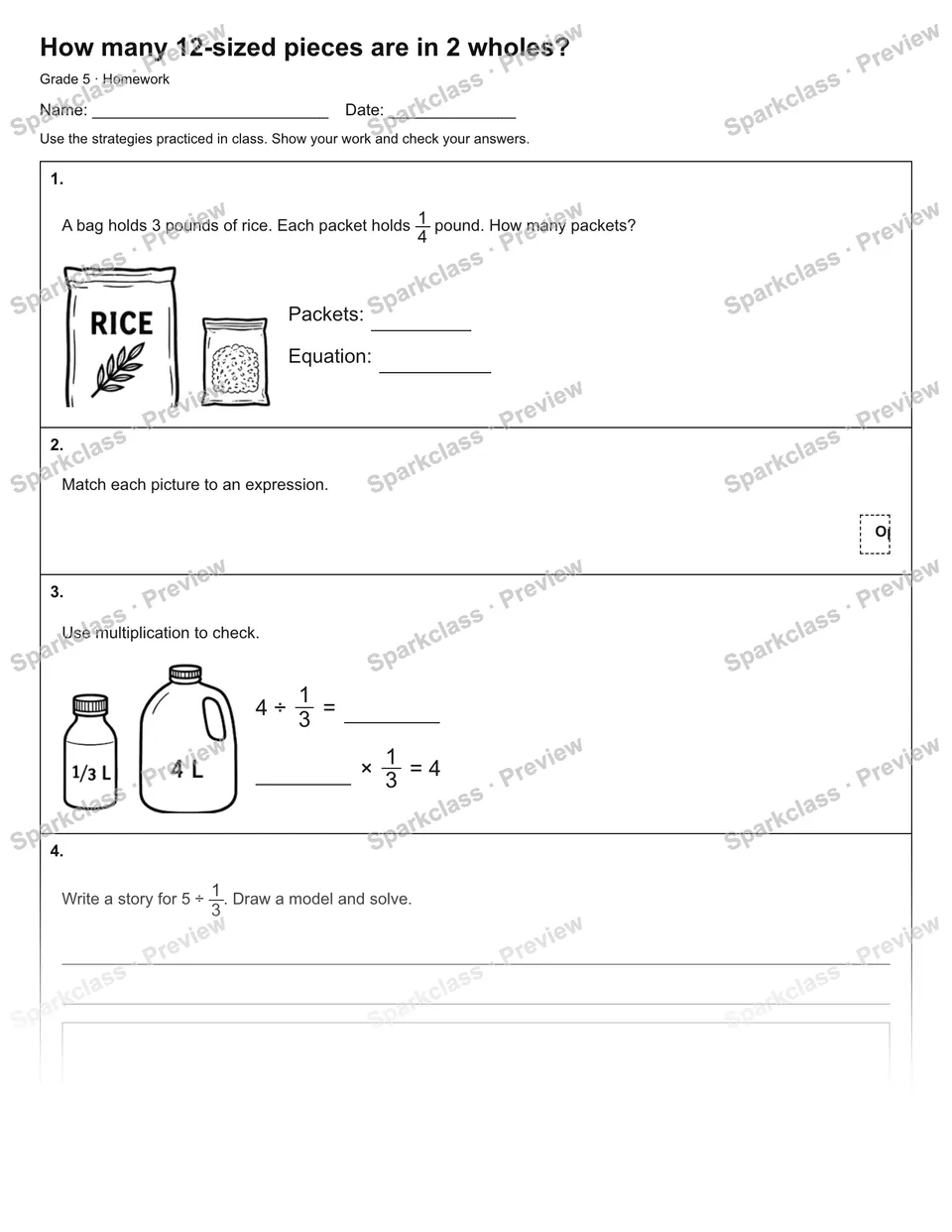 How many 12-sized pieces are in 2 wholes? — Homework — Grade 5 worksheet preview
