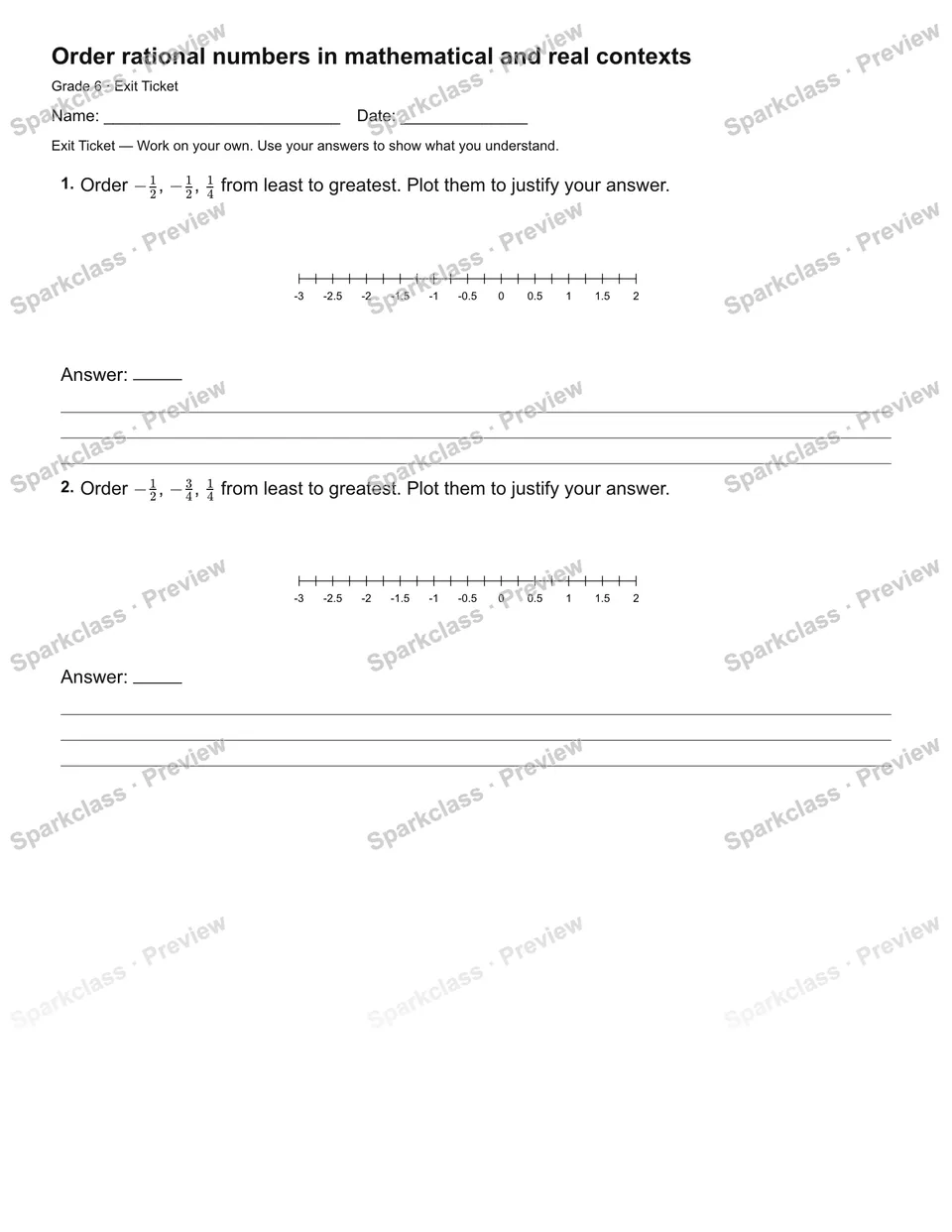 Order rational numbers in mathematical and real contexts — Exit Ticket — page 2