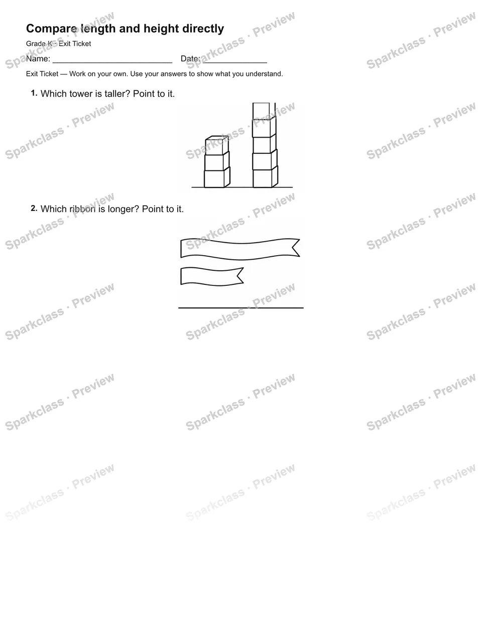 Compare length and height directly — Exit Ticket — Kindergarten worksheet preview
