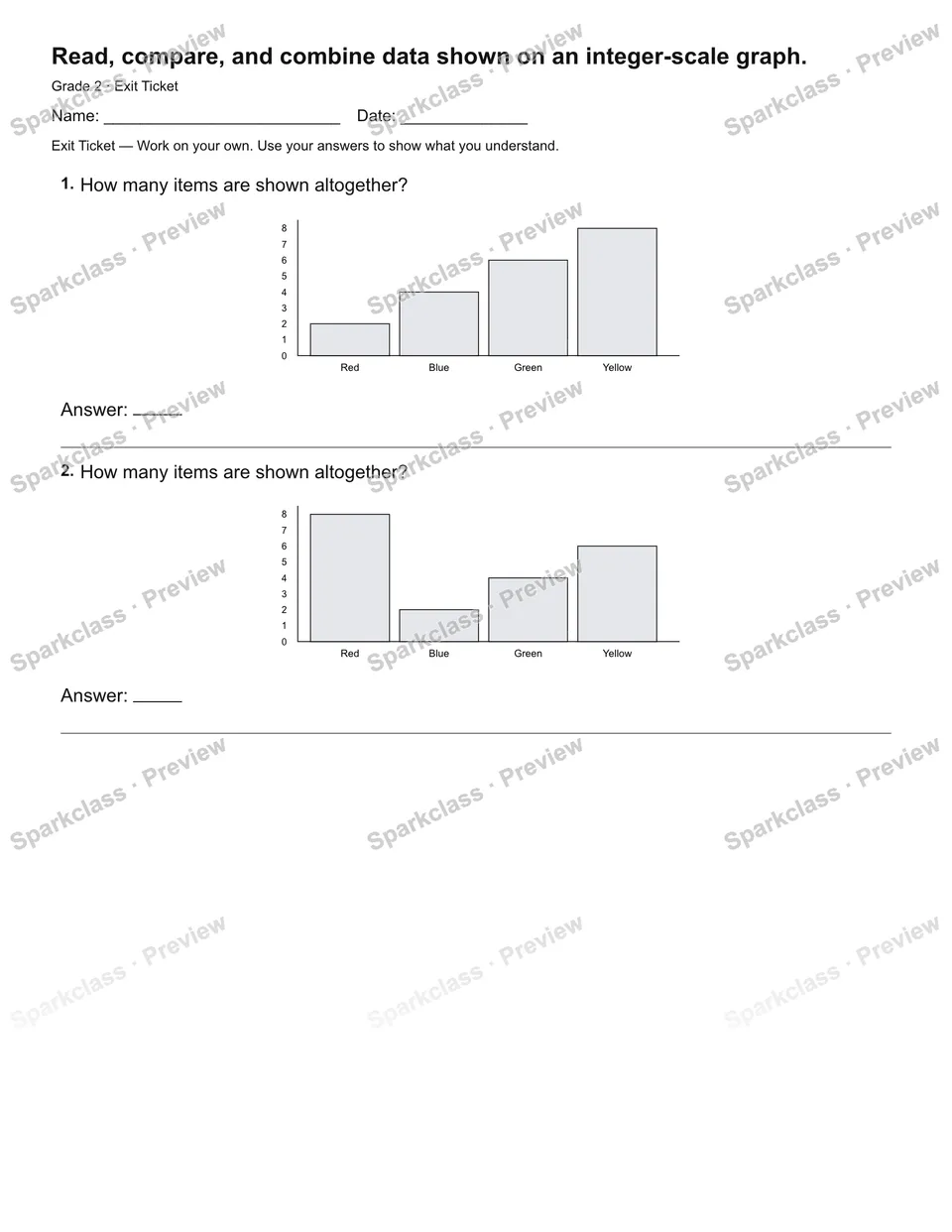 Read, compare, and combine data shown on an integer-scale graph. — Exit Ticket — Grade 2 worksheet preview
