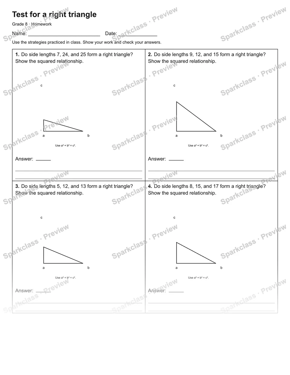 Test for a right triangle — Homework — Grade 8 worksheet preview