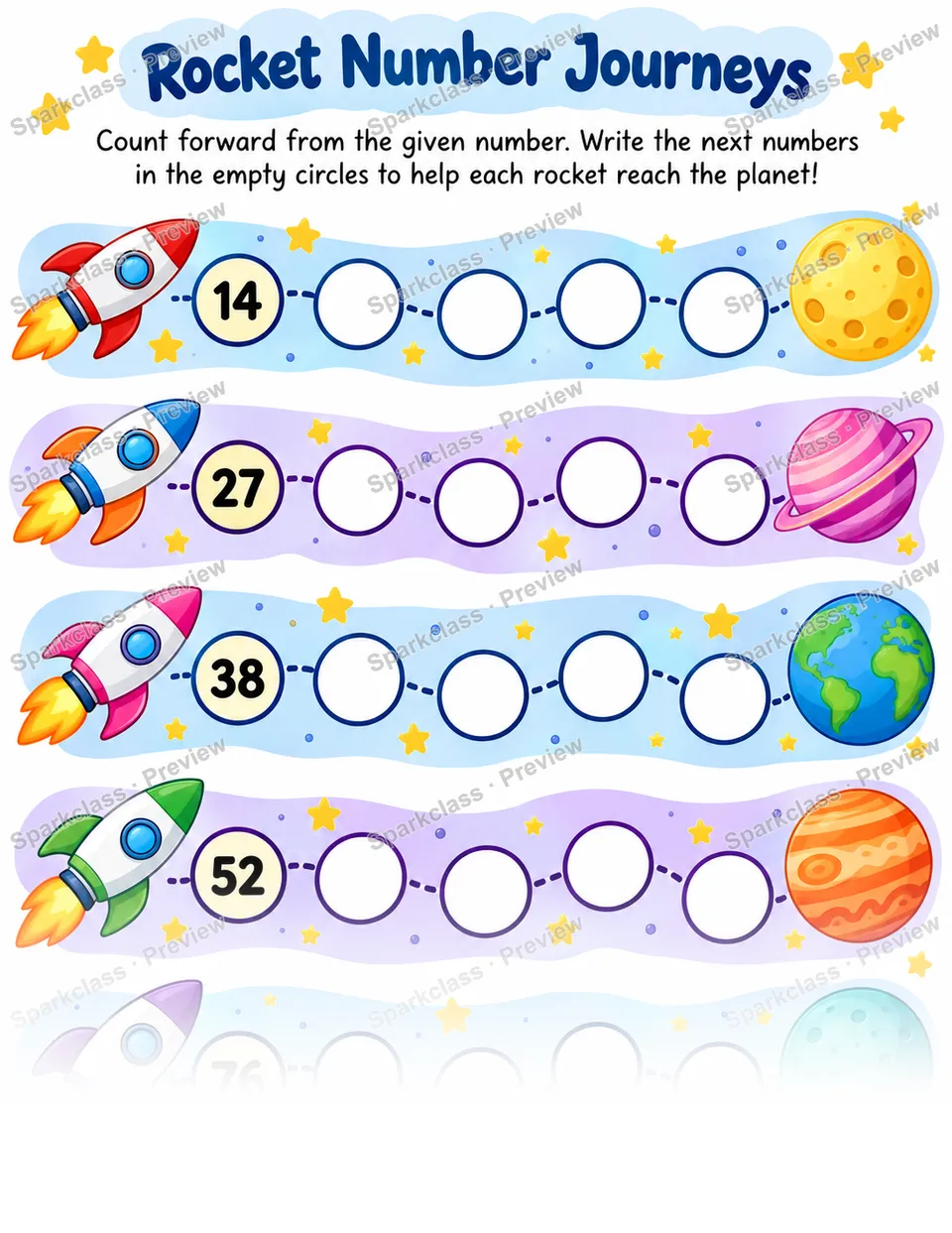 Count Forward · Rocket Number Journeys — Kindergarten worksheet preview