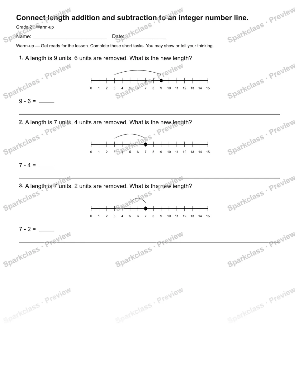 Connect length addition and subtraction to an integer number line. — Warm-up — Grade 2 worksheet preview