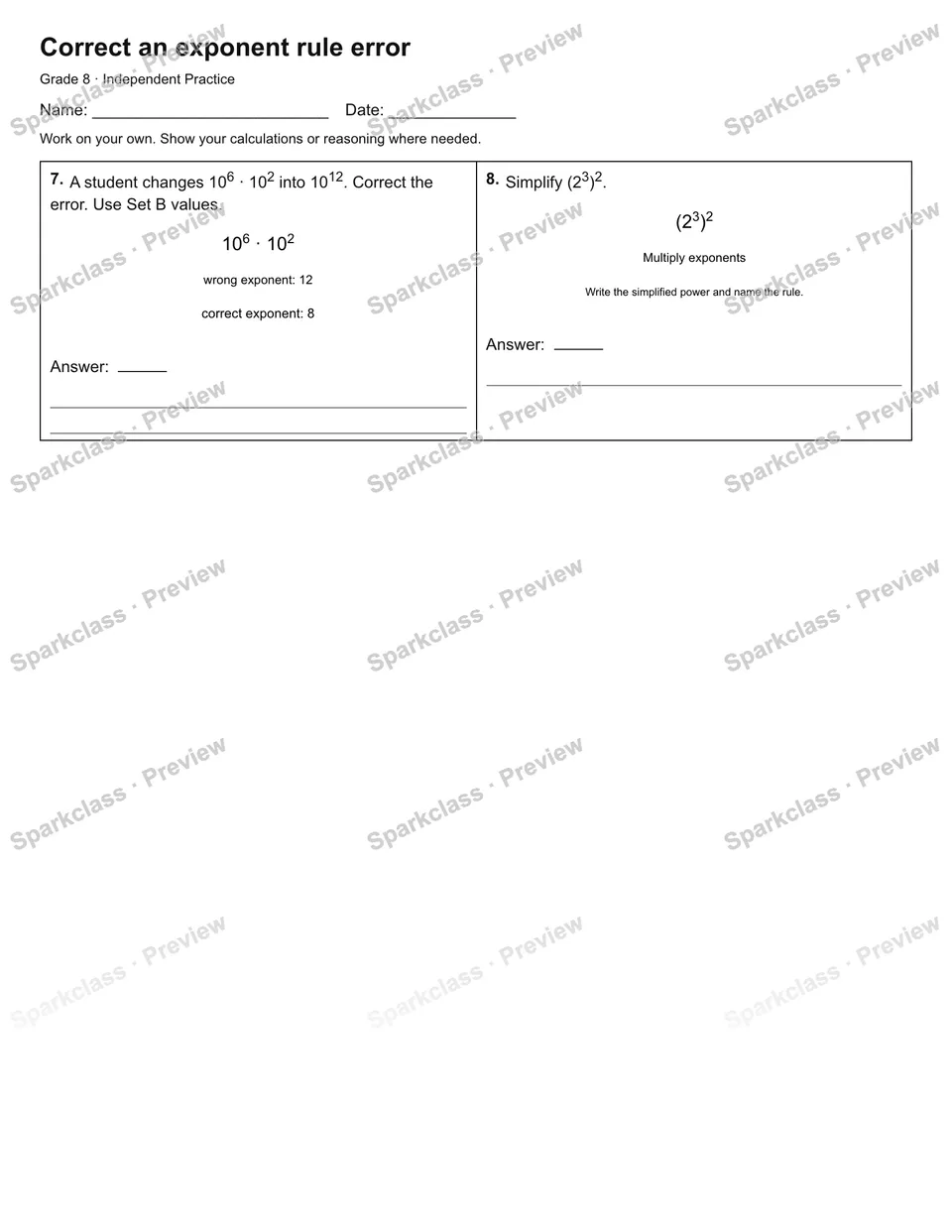 Correct an exponent rule error — Independent Practice — page 2