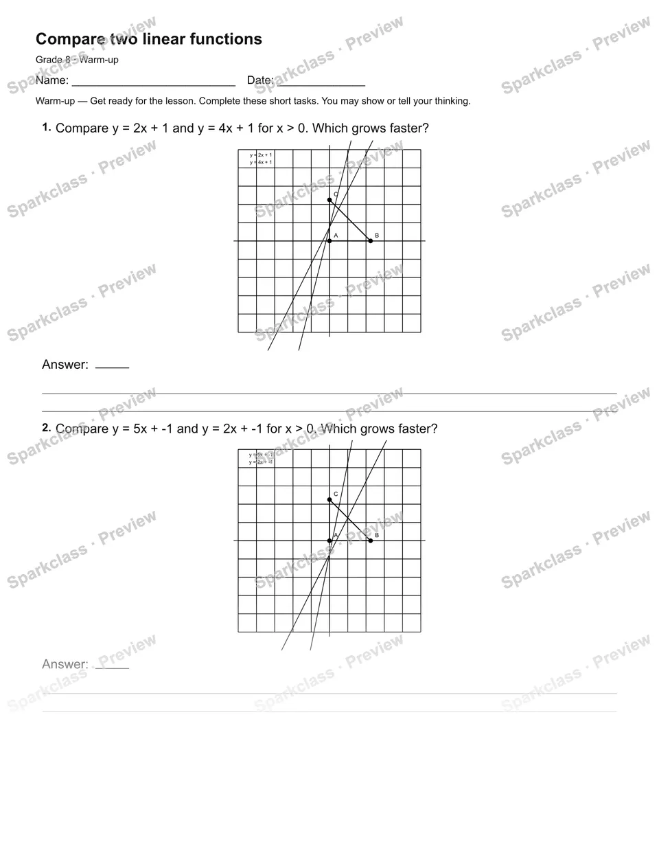 Compare two linear functions — Warm-up — Grade 8 worksheet preview