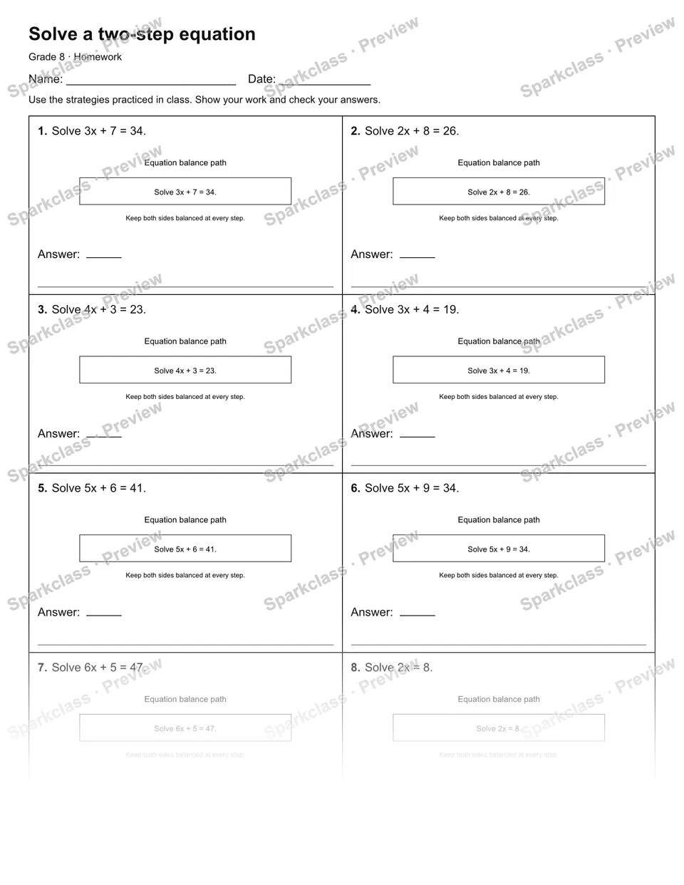 Solve a two-step equation — Homework — Grade 8 worksheet preview