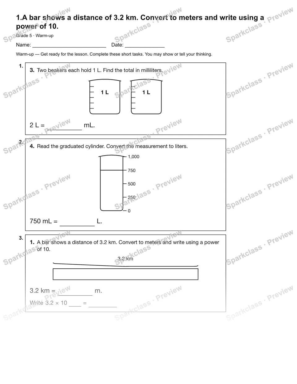 1.A bar shows a distance of 3.2 km. Convert to meters and write using a power of 10. — Warm-up — Grade 5 worksheet preview