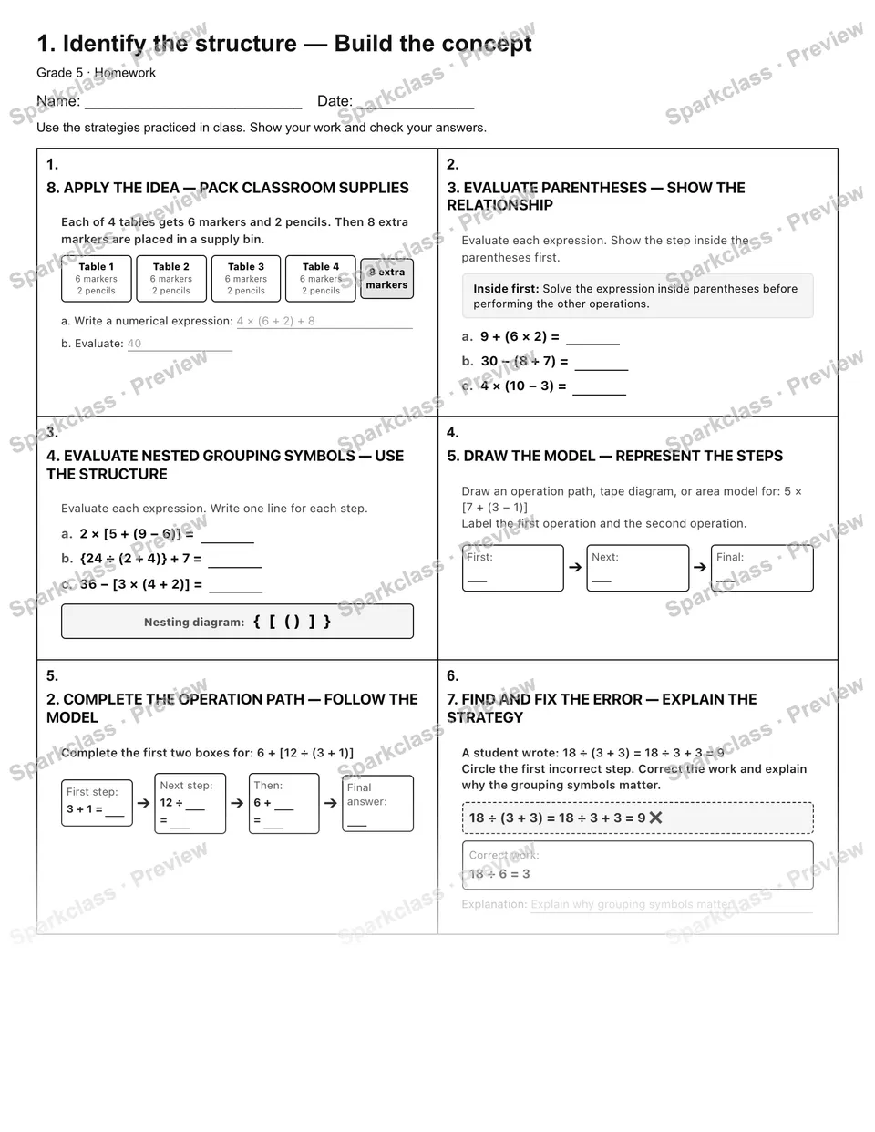 1. Identify the structure — Build the concept — Homework — Grade 5 worksheet preview