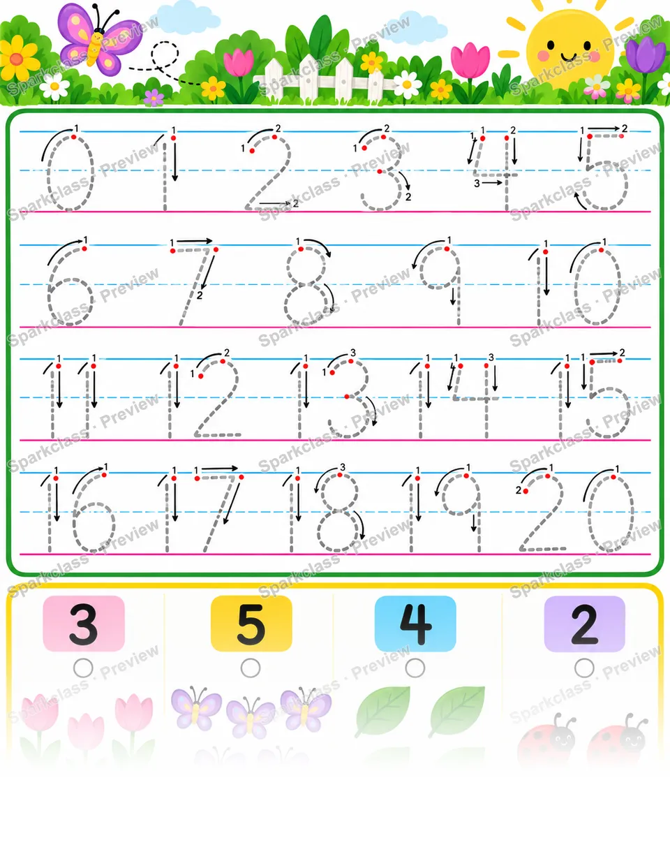 Write Numbers 0–20 · Garden Practice — Kindergarten worksheet preview
