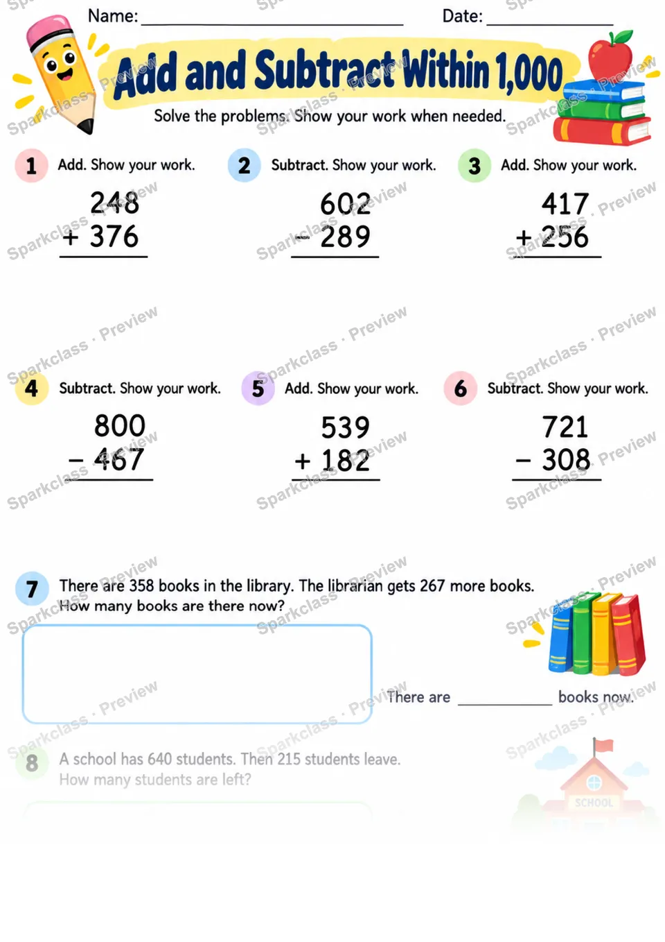 2.NBT.B.7 · Add Subtract Within 1000 — Grade 2 worksheet preview