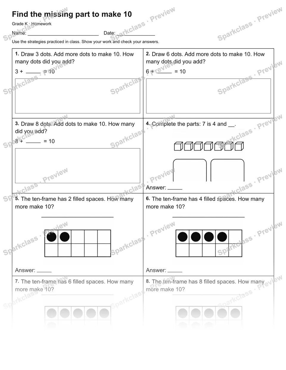 Find the missing part to make 10 — Homework — Kindergarten worksheet preview