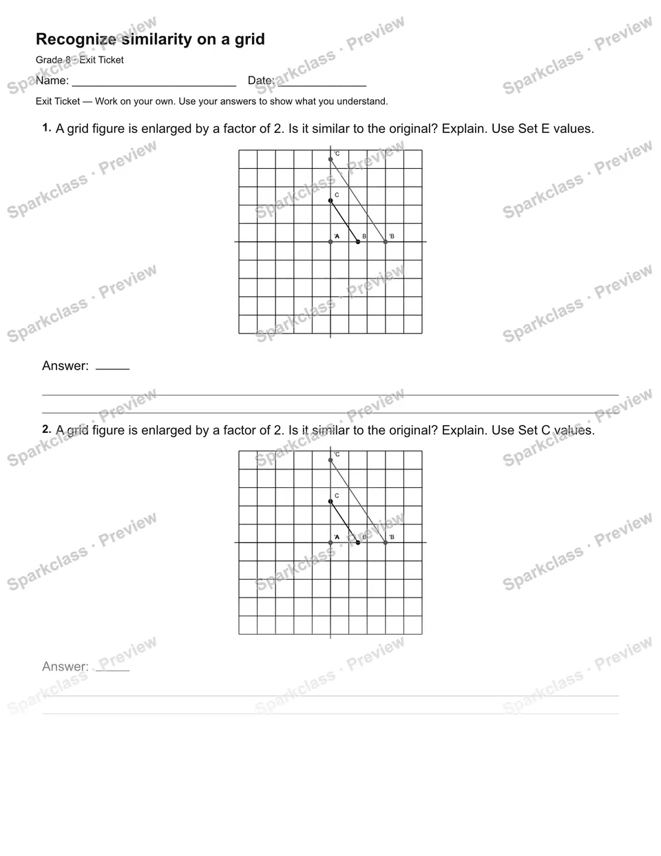 Recognize similarity on a grid — Exit Ticket — Grade 8 worksheet preview