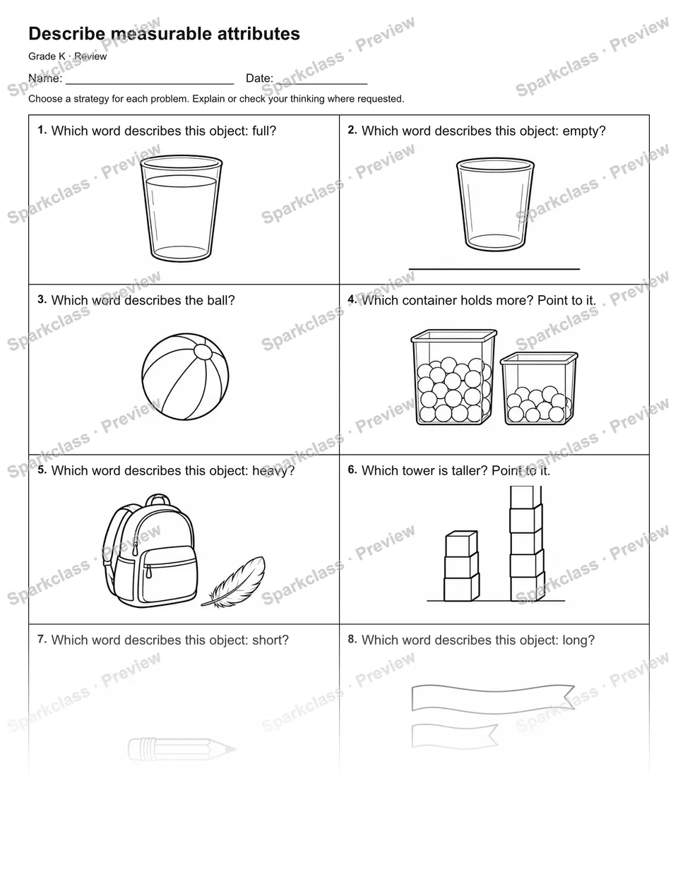 Describe measurable attributes — Review — Kindergarten worksheet preview