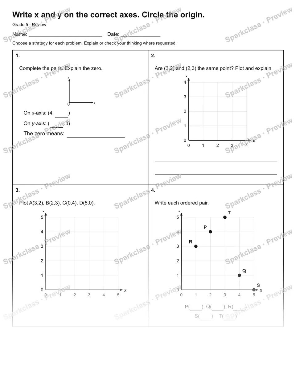 Write x and y on the correct axes. Circle the origin. — Review — Grade 5 worksheet preview