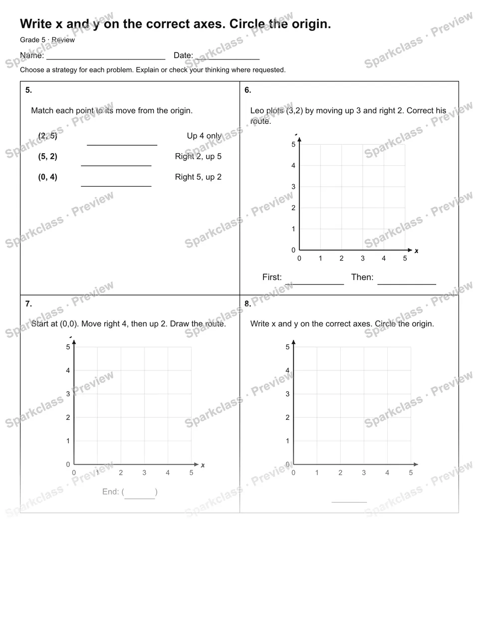 Write x and y on the correct axes. Circle the origin. — Review — page 2