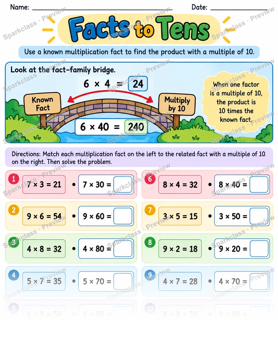 Connect Facts To Multiples Of 10 — Grade 3 worksheet preview