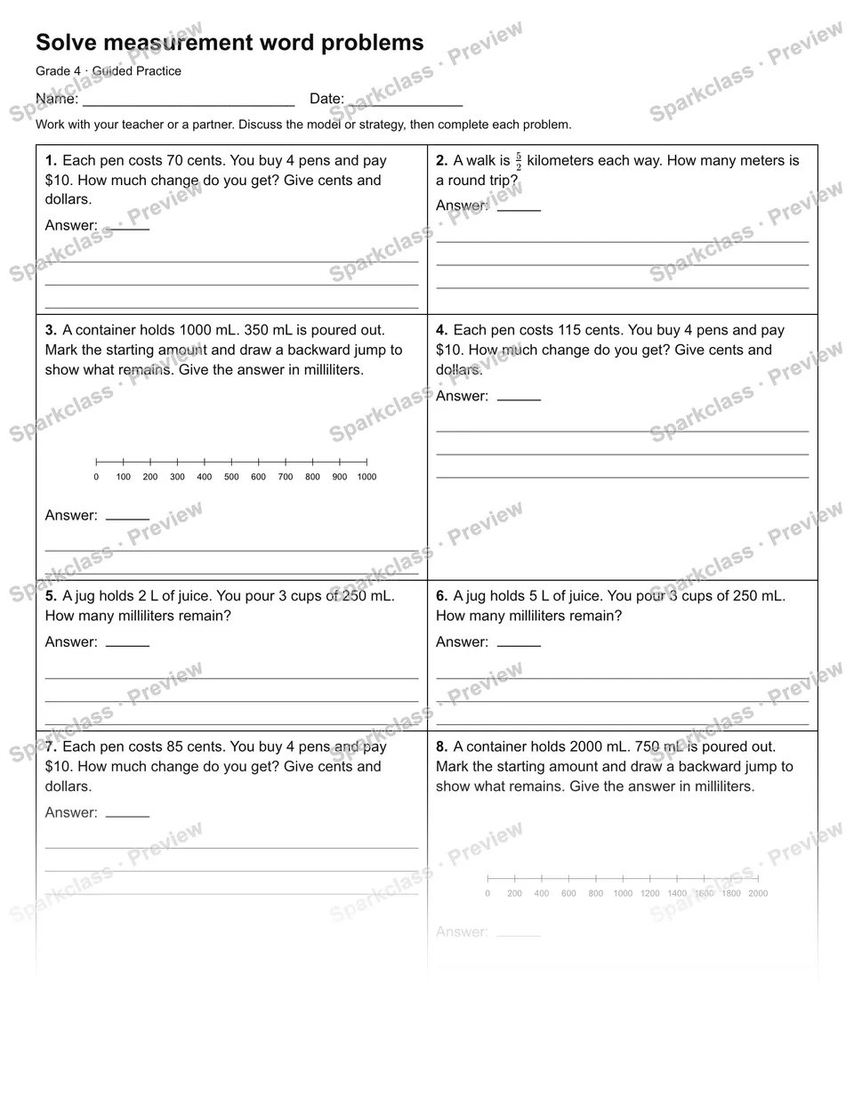 Solve measurement word problems — Guided Practice — Grade 4 worksheet preview