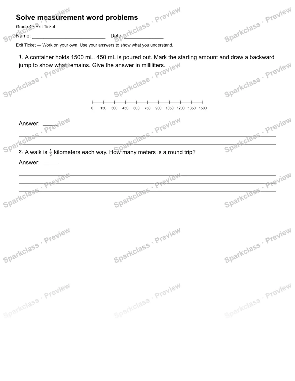 Solve measurement word problems — Exit Ticket — Grade 4 worksheet preview