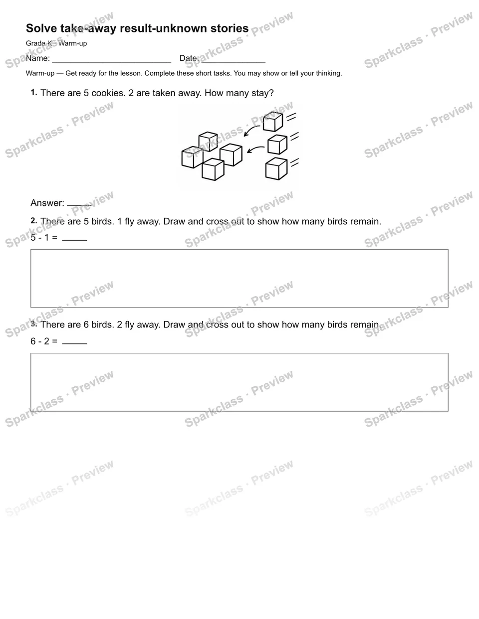 Solve take-away result-unknown stories — Warm-up — Kindergarten worksheet preview