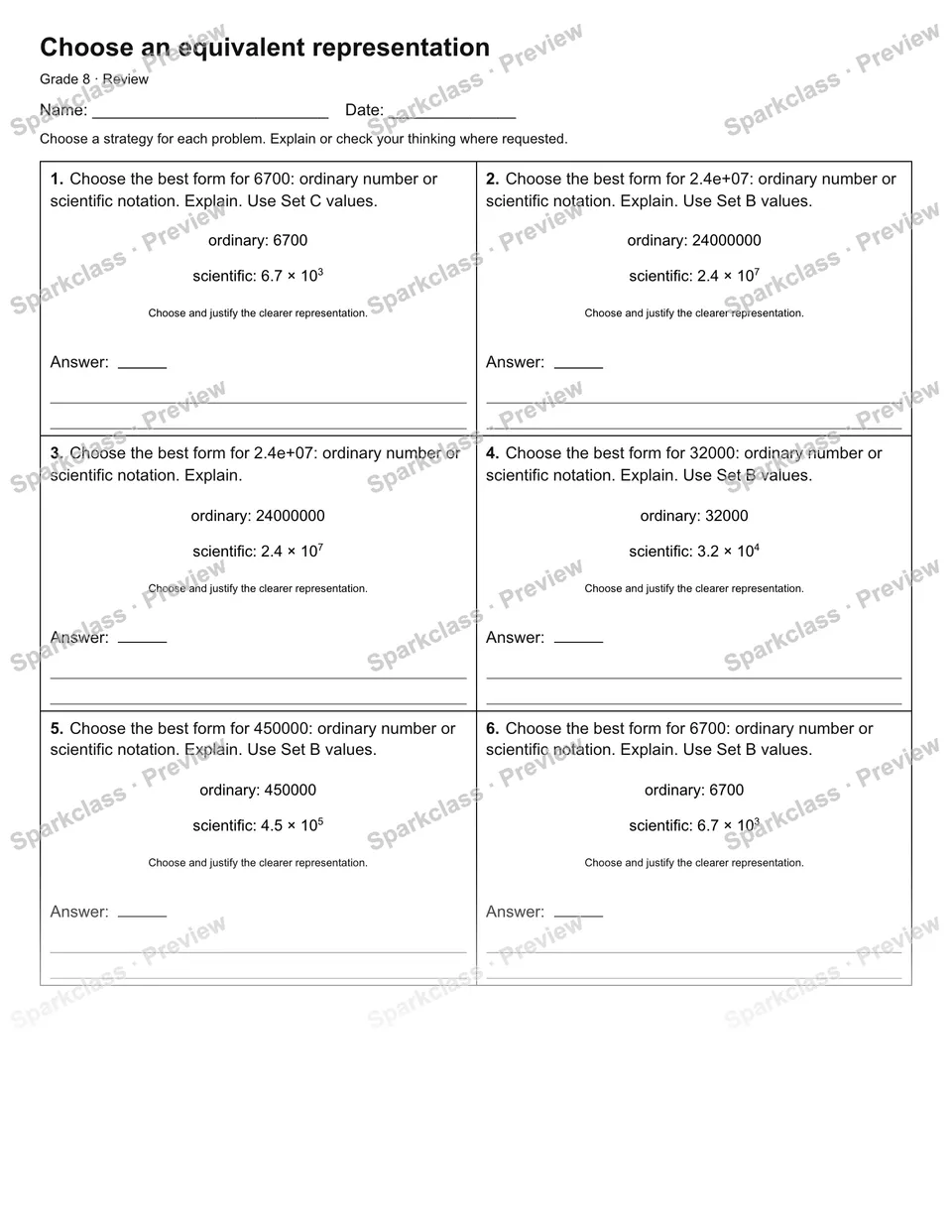 Choose an equivalent representation — Review — Grade 8 worksheet preview