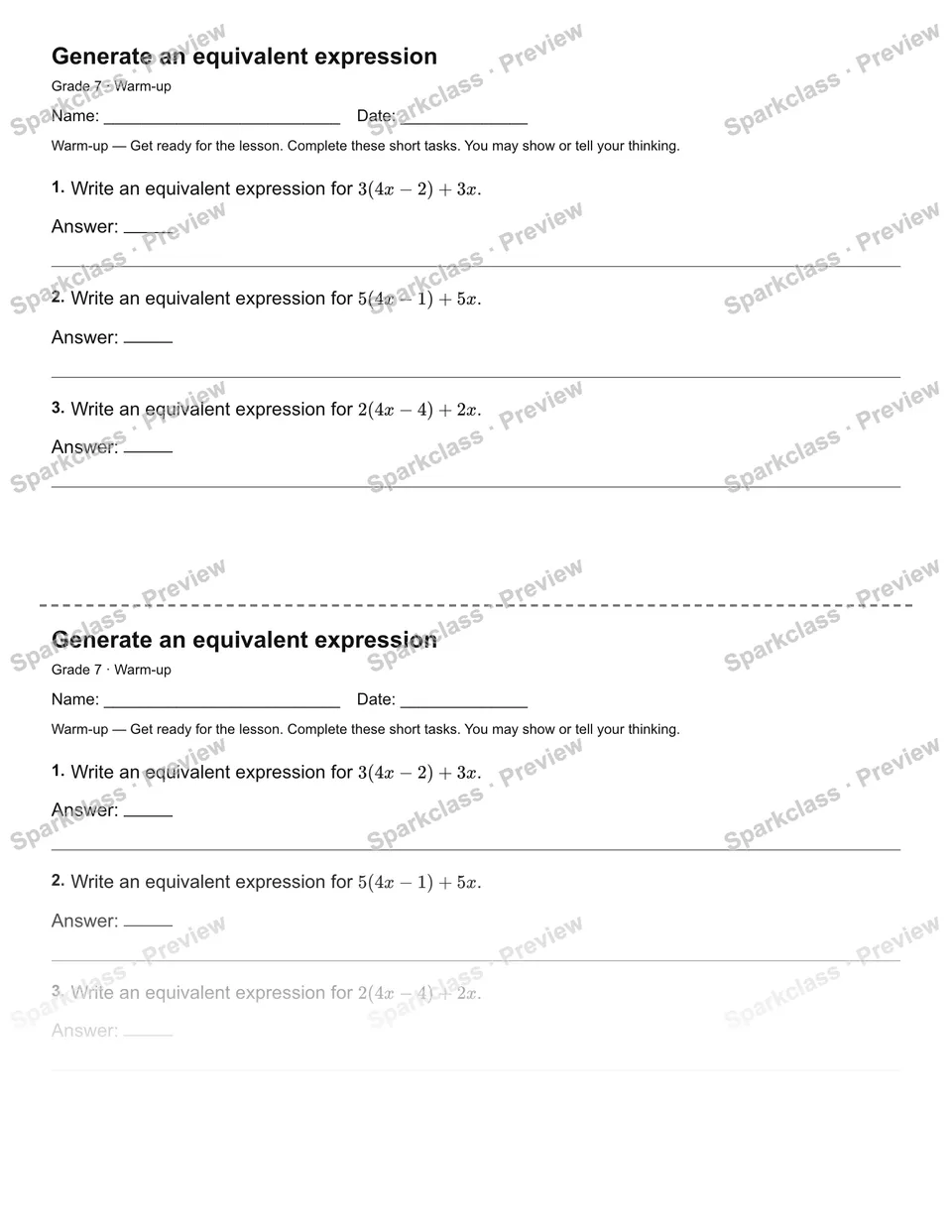 Generate an equivalent expression — Warm-up — Grade 7 worksheet preview