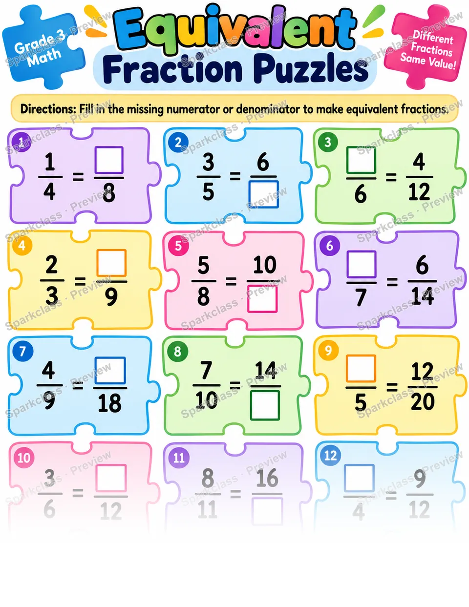 Equivalent Fraction Puzzle — Grade 3 worksheet preview