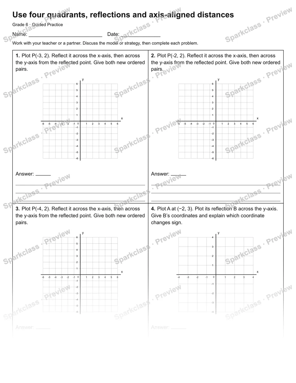 Use four quadrants, reflections and axis-aligned distances — Guided Practice — Grade 6 worksheet preview