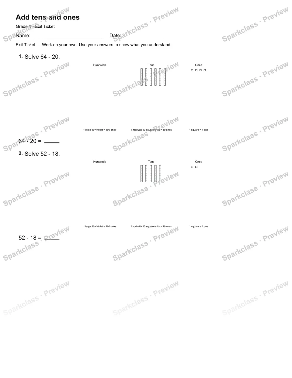 Add tens and ones — Exit Ticket — Grade 1 worksheet preview