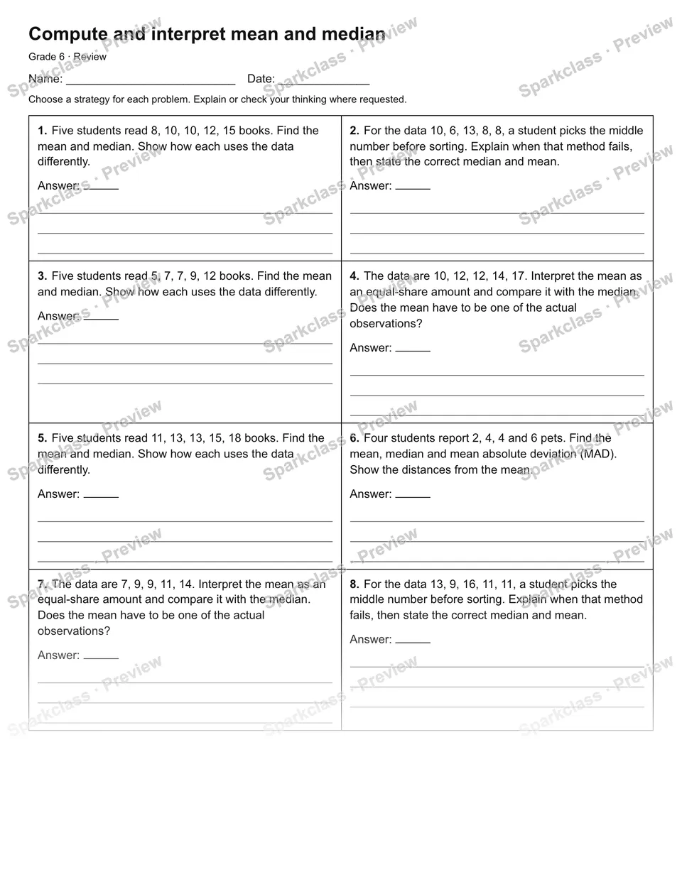 Compute and interpret mean and median — Review — Grade 6 worksheet preview