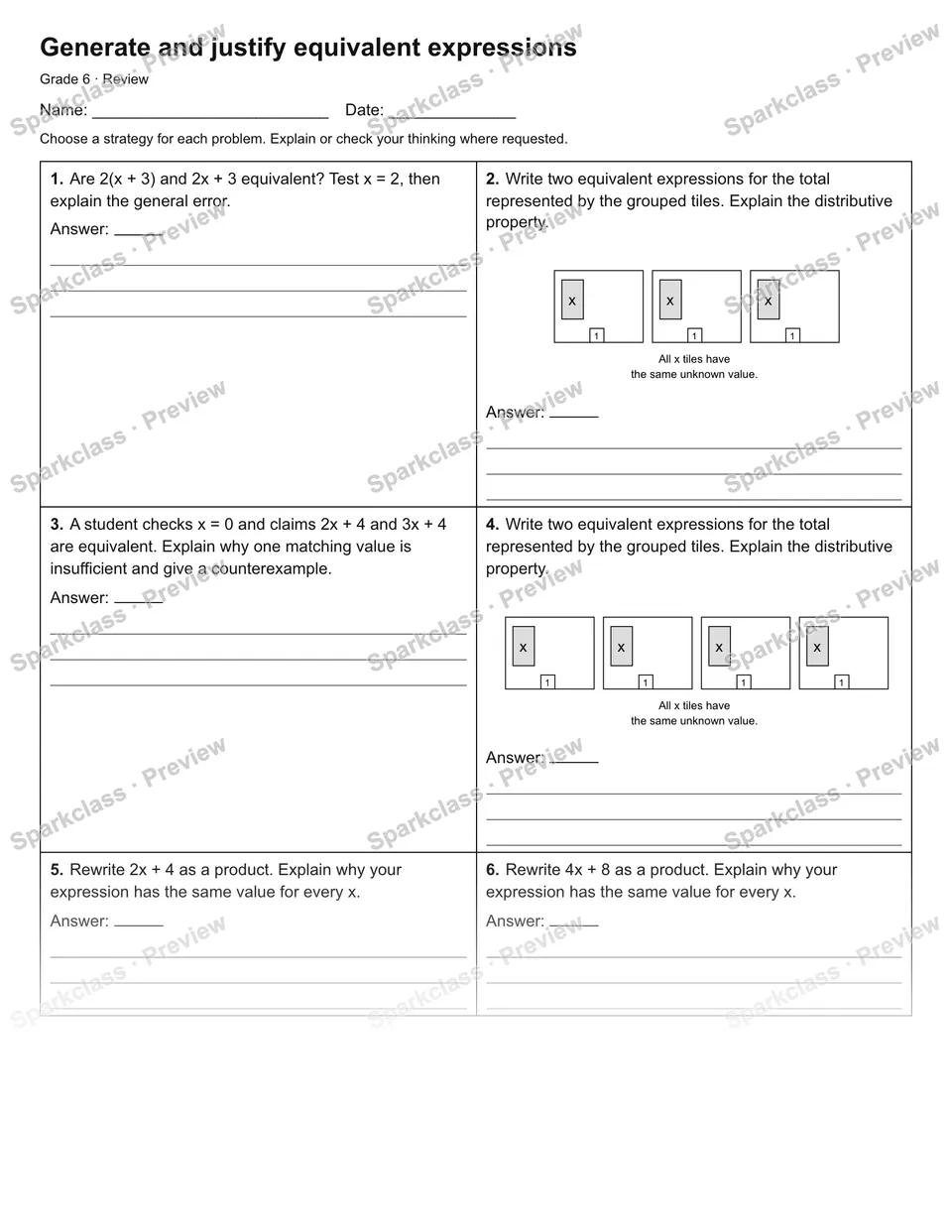 Generate and justify equivalent expressions — Review — Grade 6 worksheet preview
